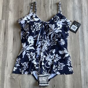 NWT Mazu Swim Drape Tier 1 Floral White Navy One Piece Swimsuit Size 14